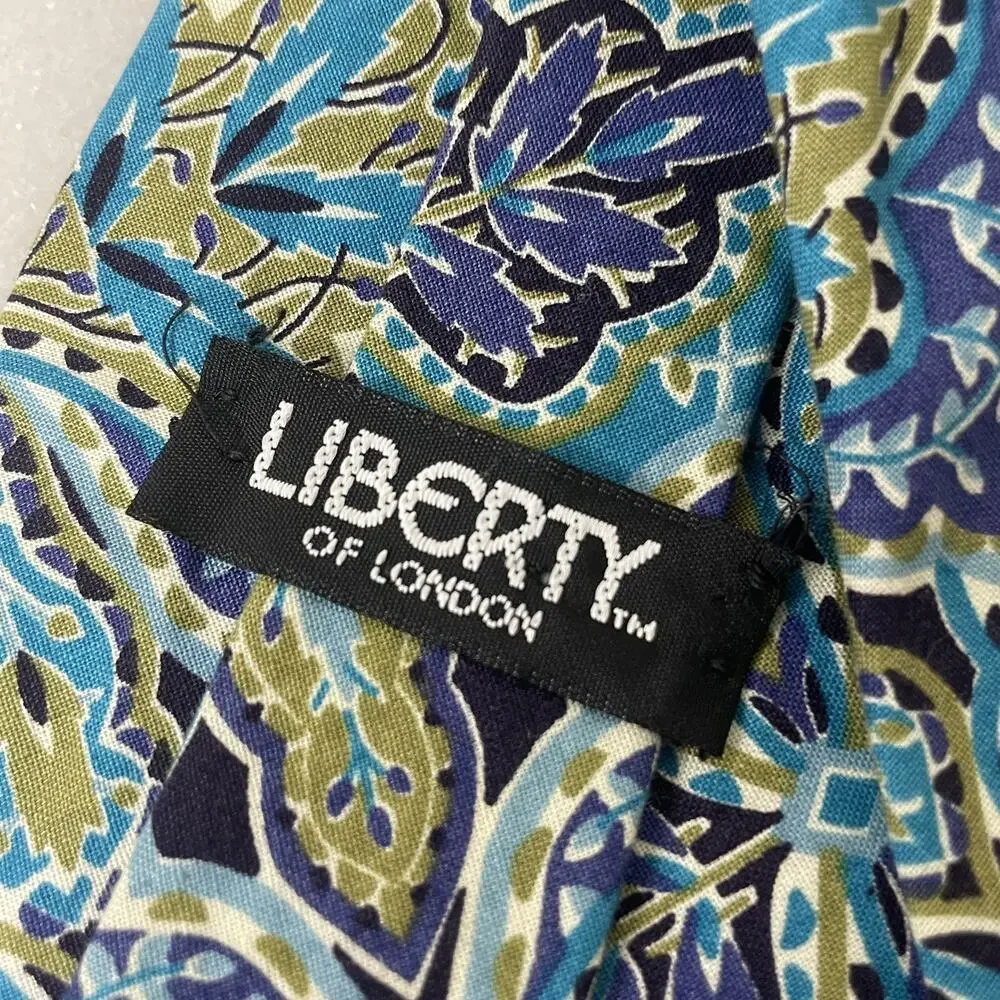 Liberty Of London Floral Mens Tie Cotton 80s 90s Vintage Blue Paisley Leaf Fine